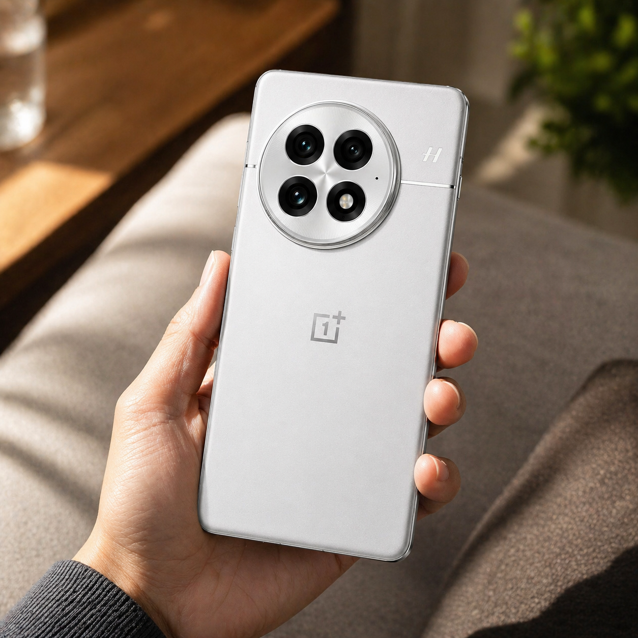 Hand holding a silver OnePlus smartphone with a blurred indoor background