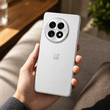 Hand holding a silver OnePlus smartphone with a blurred indoor background