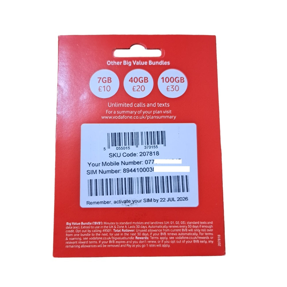 Vodafone Pay As You Go Sim Card - £15