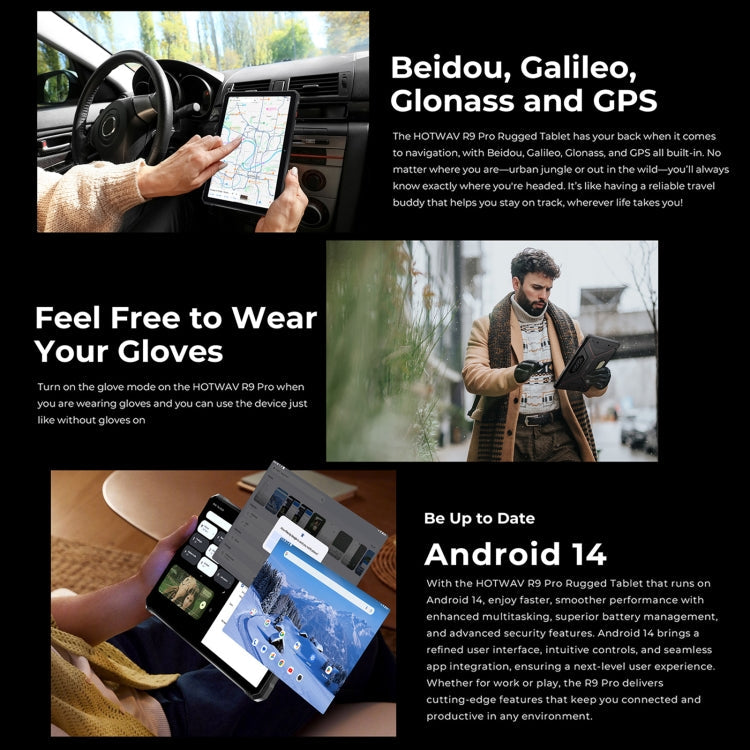 Promotional image of a rugged HOTWAV Tab R9 Pro Tablet with features like Beidou, Galileo, Glonass, and GPS, glove mode, and Android 14.