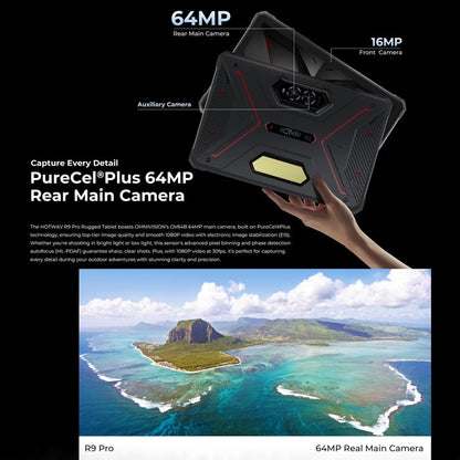 HOTWAV Tab R9 Pro Tablet with camera specifications and a scenic island view.