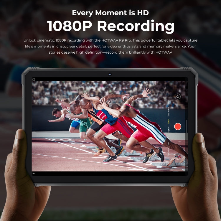 HOTWAV Tab R9 Pro Tablet displaying a high-definition video of a race with text about 1080P recording quality.
