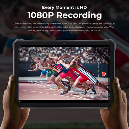 HOTWAV Tab R9 Pro Tablet displaying a high-definition video of a race with text about 1080P recording quality.