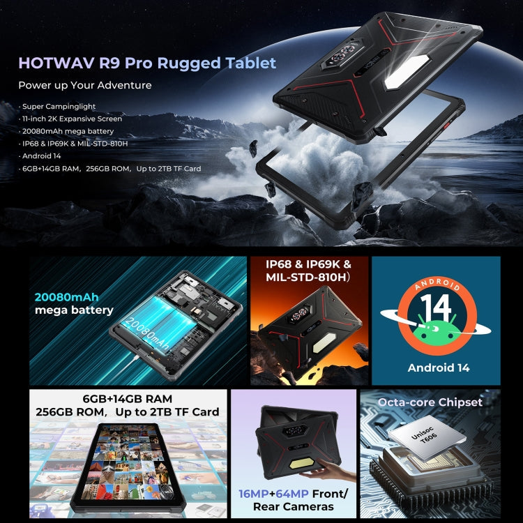 HOTWAV Tab R9 Pro Rugged Tablet with features highlighted on a dark background