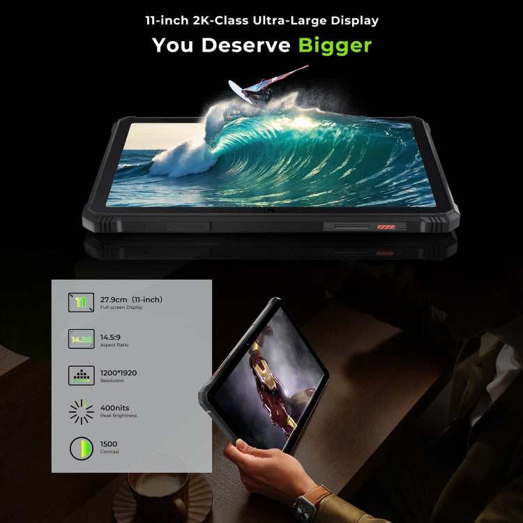 11-inch HOTWAV Tab R9 Pro Tablet with large display showing a wave, held by a person, with specifications on a black background.