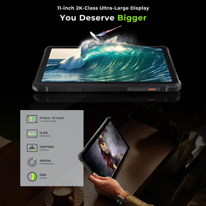 11-inch HOTWAV Tab R9 Pro Tablet with large display showing a wave, held by a person, with specifications on a black background.