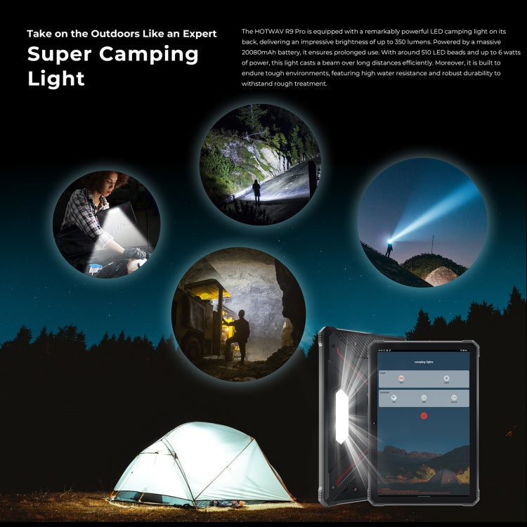 HOTWAV Tab R9 Pro Tablet super camping light with multiple uses in outdoor settings, including a tent and night scenes.
