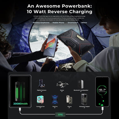 Powerbank with 10 Watt reverse charging feature being used by two people in a camping setting.