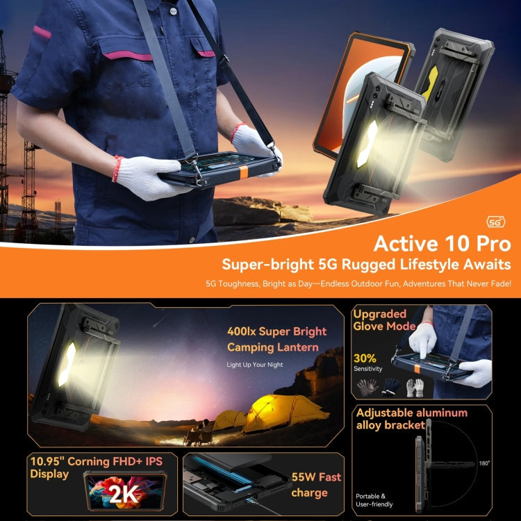 Person holding a rugged Blackview Active 8 Pro 5G Tablet with product features highlighted on an orange banner.