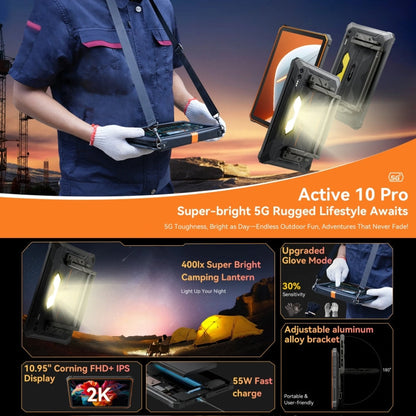 Person holding a rugged Blackview Active 8 Pro 5G Tablet with product features highlighted on an orange banner.