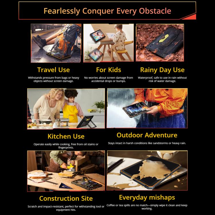Blackview Active 10 Pro 5G Tablet usage scenarios including travel, kids, rainy day, kitchen, outdoor adventure, construction site, and everyday mishaps.