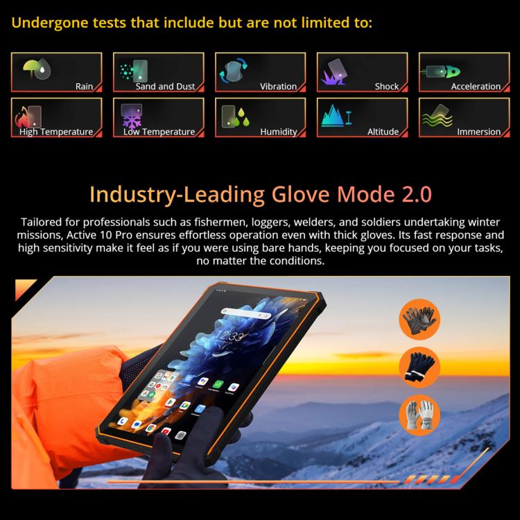 Blackview Active 10 Pro 5G Tablete with glove mode feature, showing a person using the phone in cold weather conditions.
