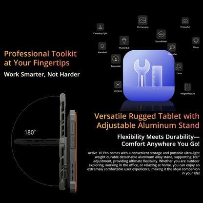 Versatile rugged Blackview Active 10 Pro 5G Tablet with adjustable aluminum stand on a black background