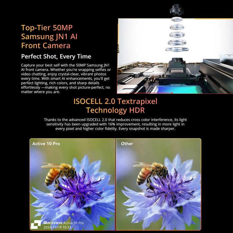 Blackview Active 10 Pro 5G Tablet AI front camera advertisement with text and images of a bee on a flower.