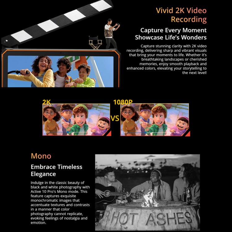 Promotional image for Blackview Active 10 Pro 5G Tablet Vivid 2K video recording with clapperboard and video comparison.