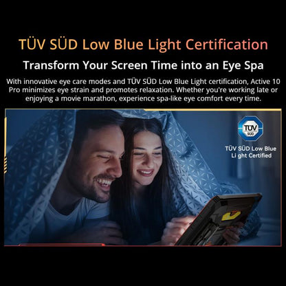 Advertisement for TöV SÜd Low Blue Light Certification with a couple using a tablet.