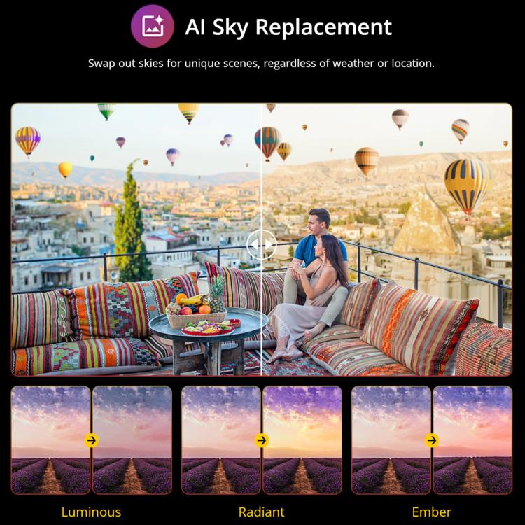 AI Sky Replacement tool with before and after images of a couple on a balcony and lavender fields on Blackview Active 10 Pro 5G Tablet