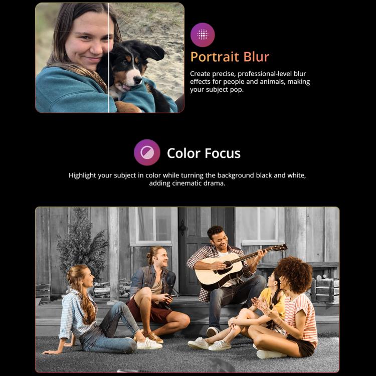 Two images showing 'Portrait Blur' and 'Color Focus' effects with people and a dog on Blackview Active 10 Pro 5G Tablet