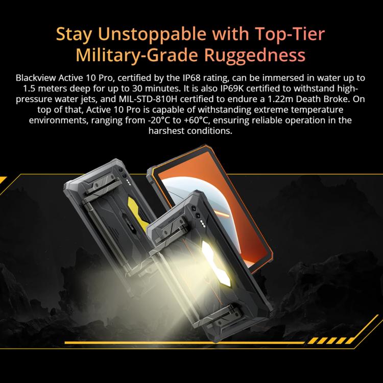 Blackview Active 10 Pro rugged tablet with specifications on a dark background