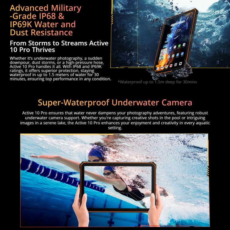 Advertisement for a super-waterproof underwater Blackview Active 10 Pro 5G Tablet camera with text highlighting its features.