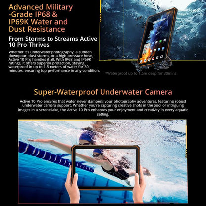 Advertisement for a super-waterproof underwater Blackview Active 10 Pro 5G Tablet camera with text highlighting its features.