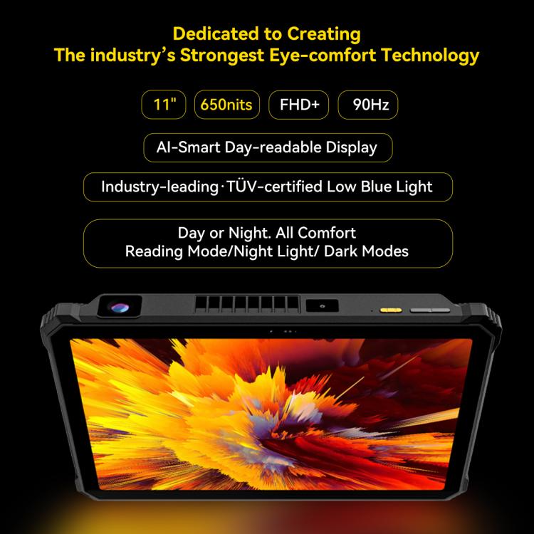 Blackview Active 12 Pro 5G Tablet with vibrant display and text about eye-comfort technology on a black background