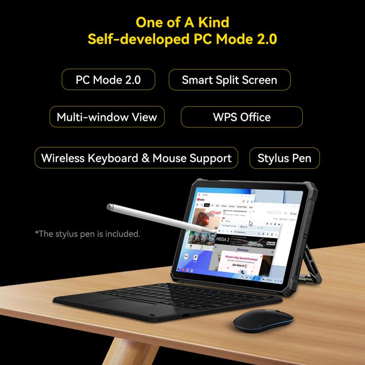 Blackview Active 12 Pro 5G Tablet with keyboard and mouse on a desk, featuring PC Mode 2.0 and other features.