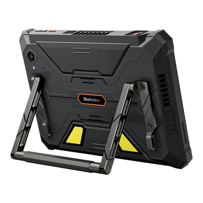 Black rugged Blackview Active 12 Pro 5G Tablet with stand feature on a white background