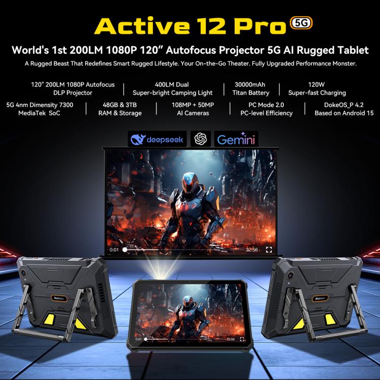 Active 12 Pro 5G projector tablet with stand and screen displaying game, on a dark background.