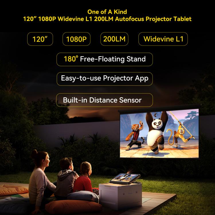 Outdoor setting with a projector displaying an animated movie, surrounded by people watching from Blackview Active 12 Pro 5G Tablet