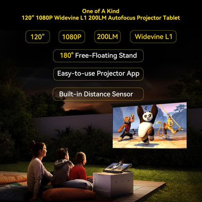 Outdoor setting with a projector displaying an animated movie, surrounded by people watching from Blackview Active 12 Pro 5G Tablet