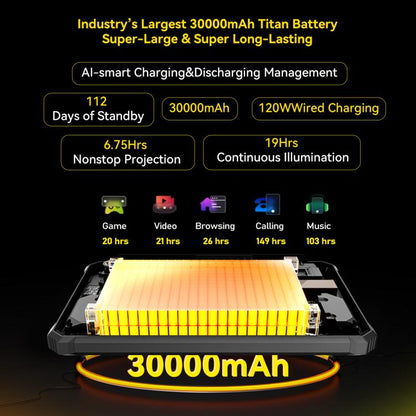 30000mAh battery pack with charging specifications on a black background