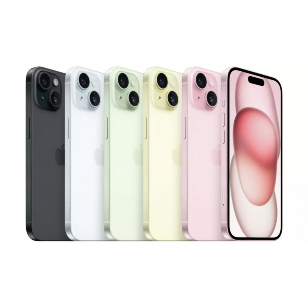 Row of five Apple iPhone 15 in different colors on a white background