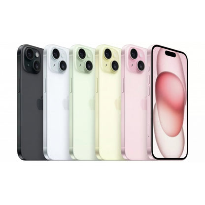 Row of five Apple iPhone 15 in different colors on a white background