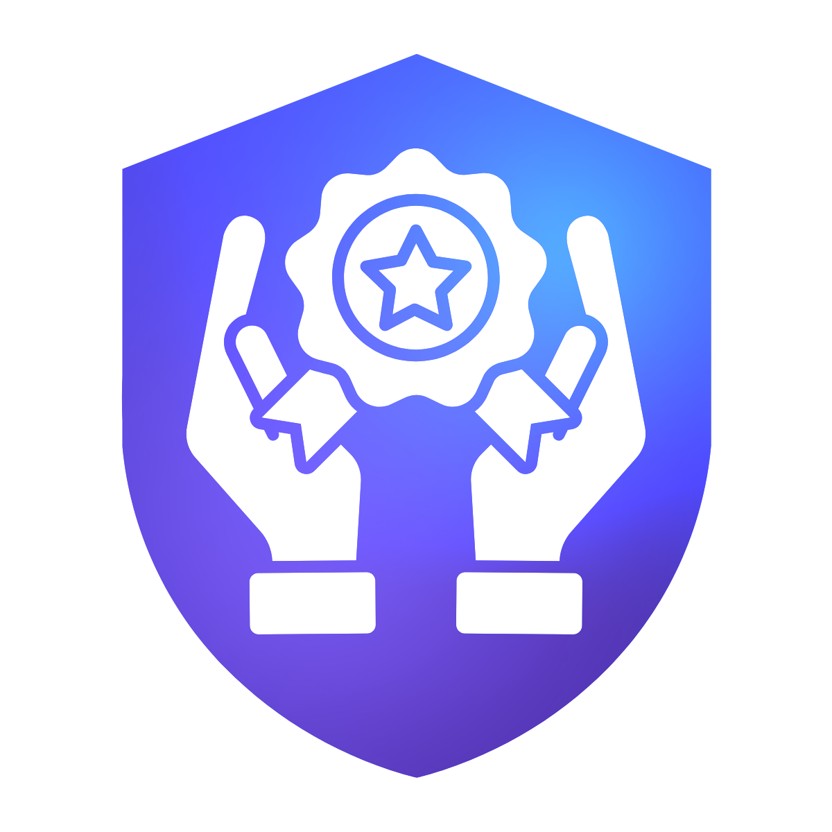 Gradient blue shield icon with hands holding a star award on a white background