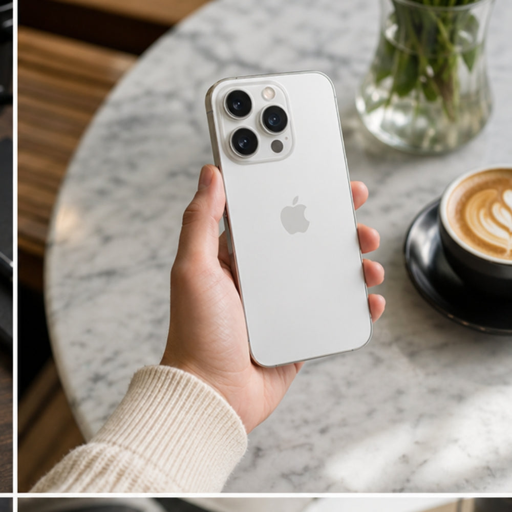 Hand holding a silver iPhone 15 Pro with a blurred coffee cup and plant in the background