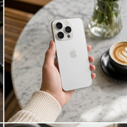 Hand holding a silver iPhone 15 Pro with a blurred coffee cup and plant in the background