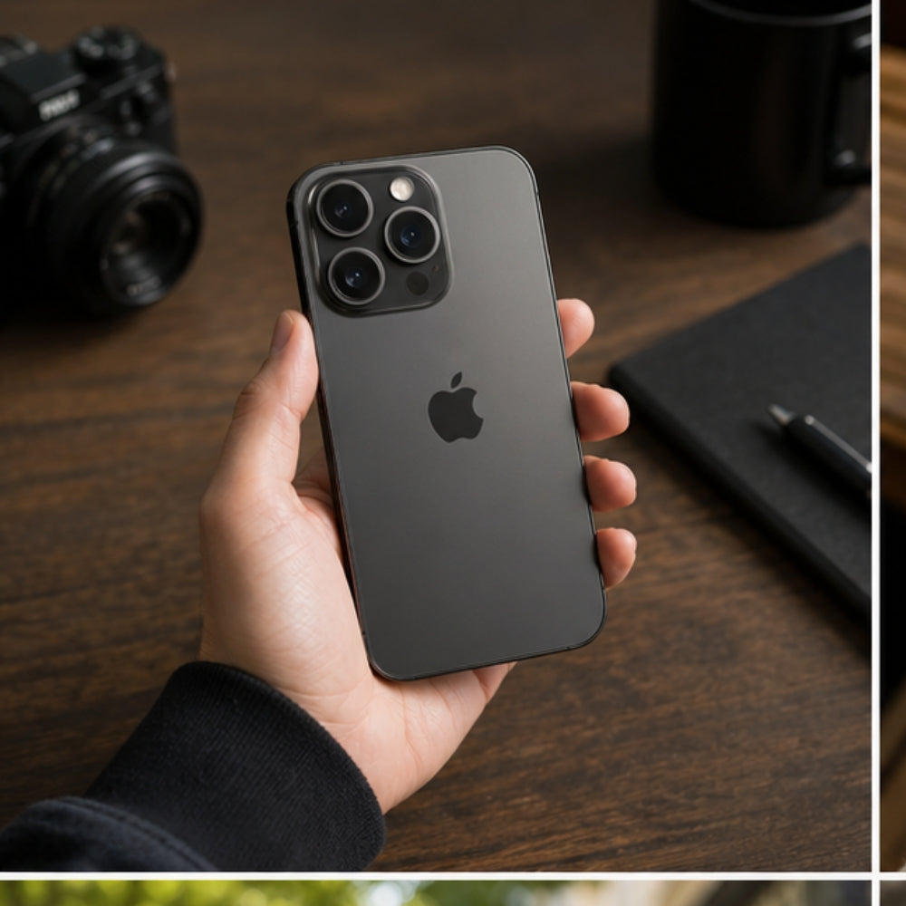 Person holding a black iPhone 15 Pro Apple logo on a wooden surface