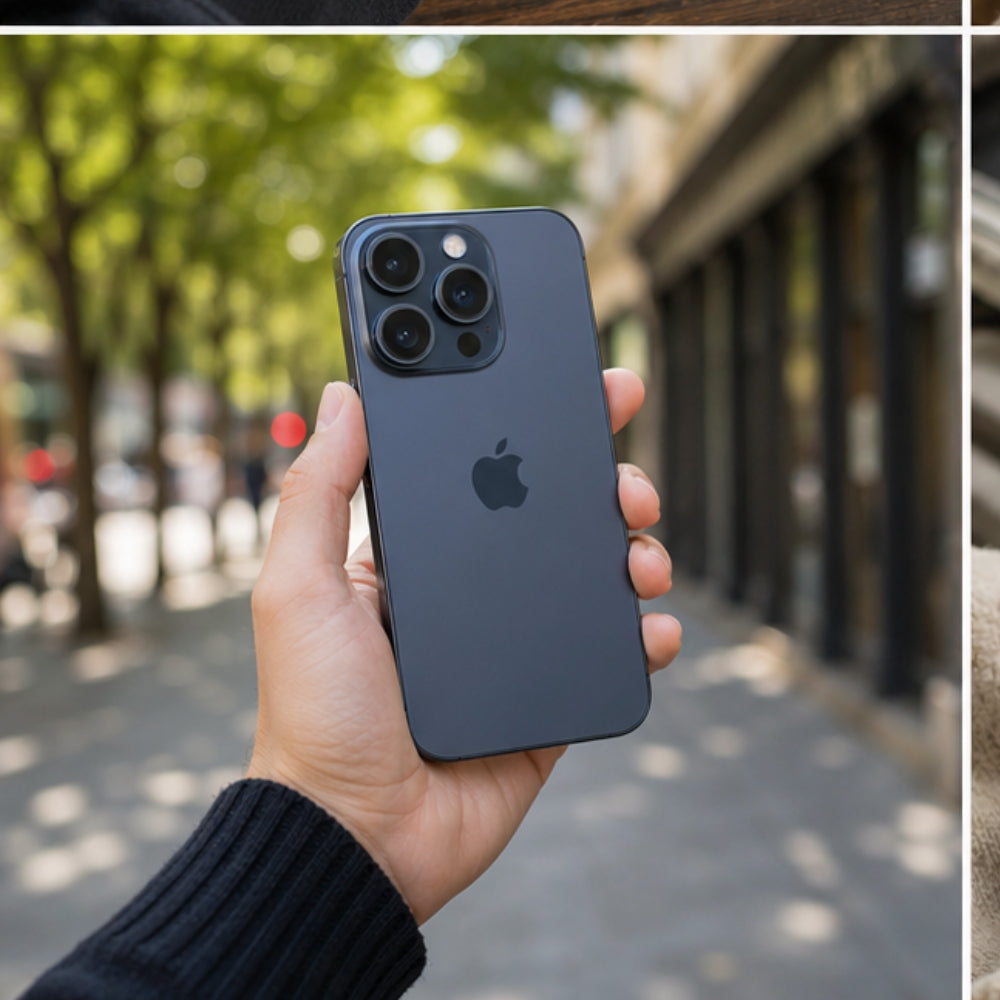 Person holding a black iPhone 15 Pro smartphone with an Apple logo outdoors