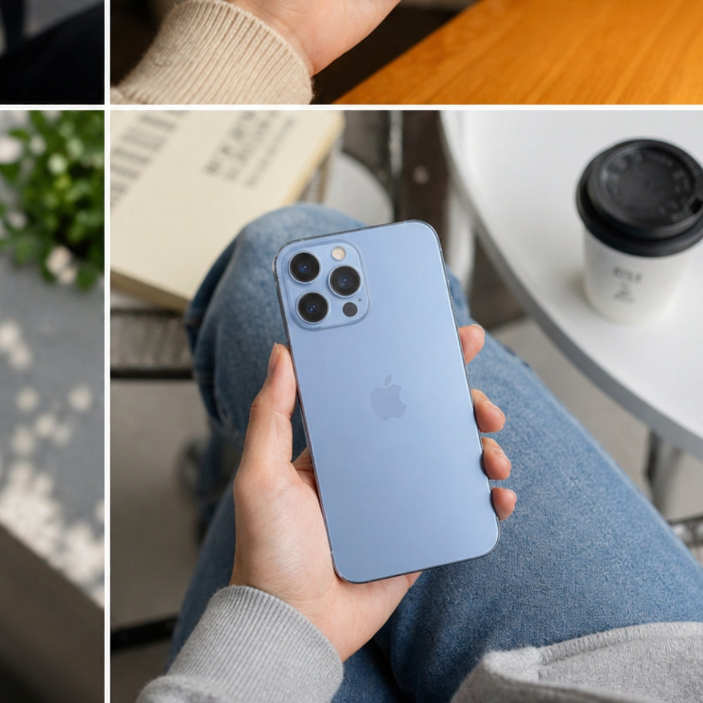 Person holding a blue Apple iPhone 13 Pro Max with an Apple logo, sitting in a casual setting.