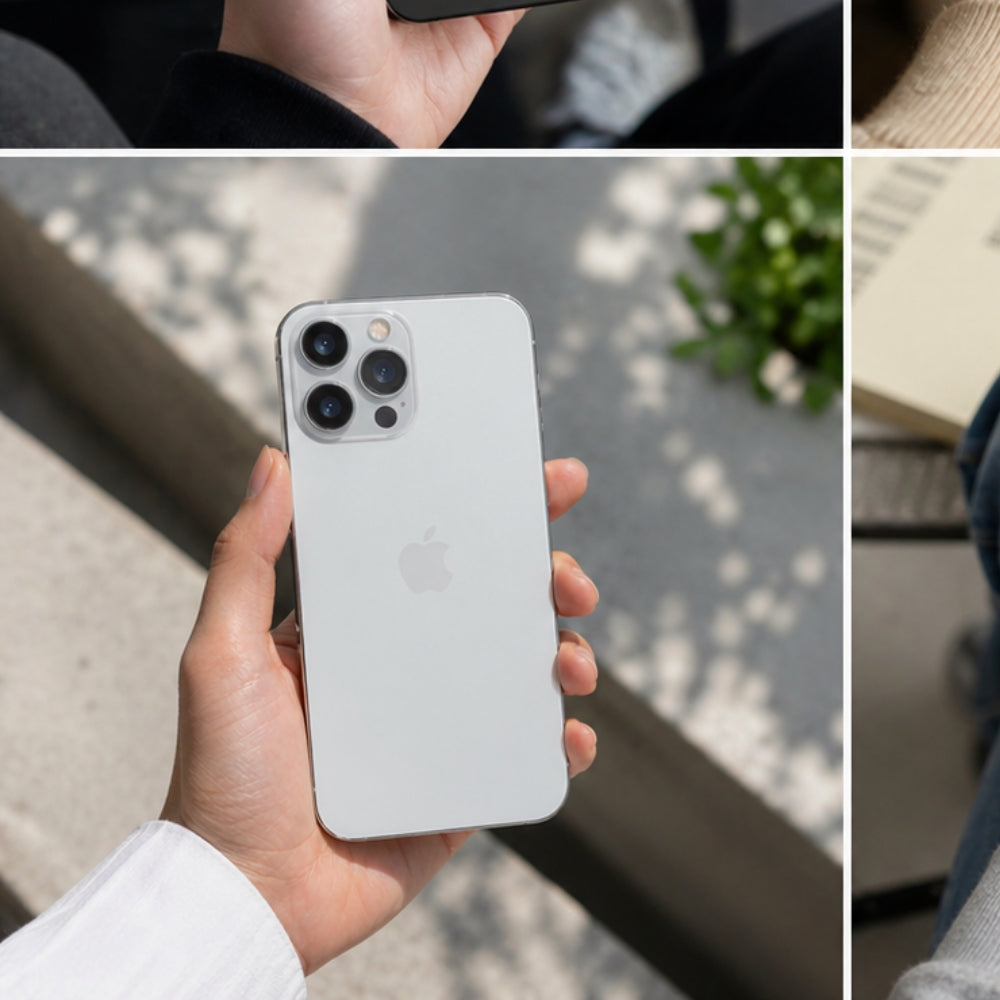 Person holding a white Apple iPhone 13 Pro Max with blurred outdoor background