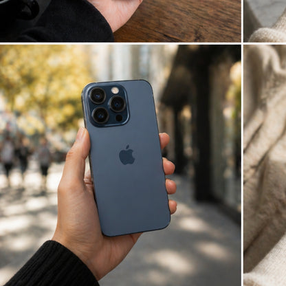 Person holding a blue iPhone 15 Pro Max with an Apple logo outdoors