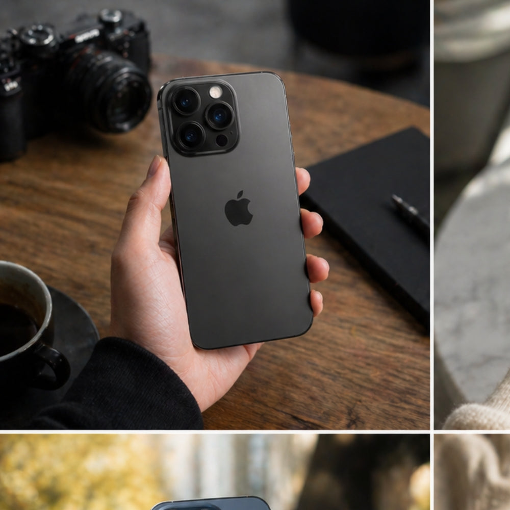 Person holding a black iPhone 15 Pro Max with an Apple logo, surrounded by a camera, notebook, and coffee cup on a wooden table.