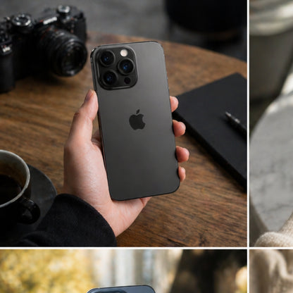 Person holding a black iPhone 15 Pro Max with an Apple logo, surrounded by a camera, notebook, and coffee cup on a wooden table.