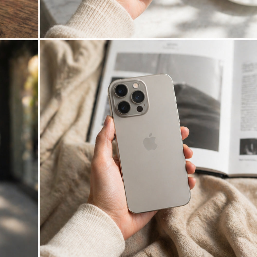 Person holding a silver iPhone 15 Pro Max with an apple logo, wearing a beige sweater.