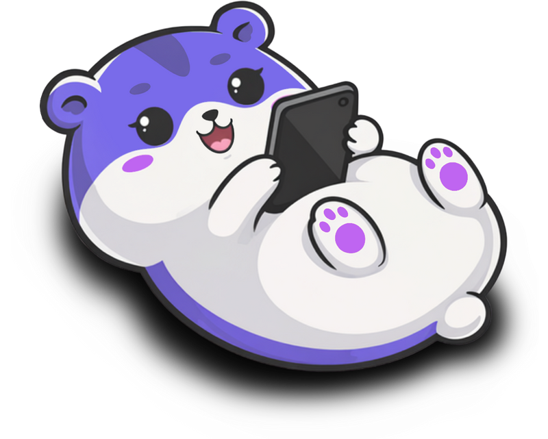 Cartoon character of a blue and white creature holding a smartphone on a white background