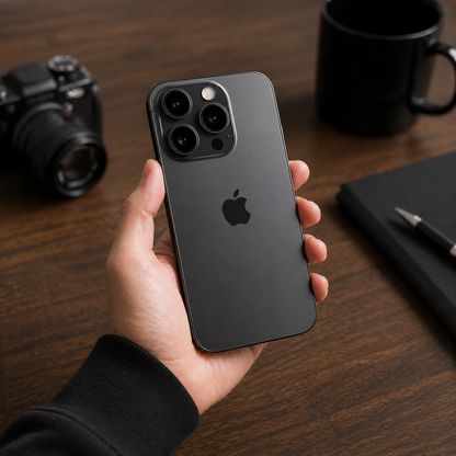 hand holding Apple iPhone 14 Pro Max black