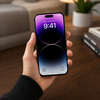 hand holding Apple iPhone 14 Pro Max silver