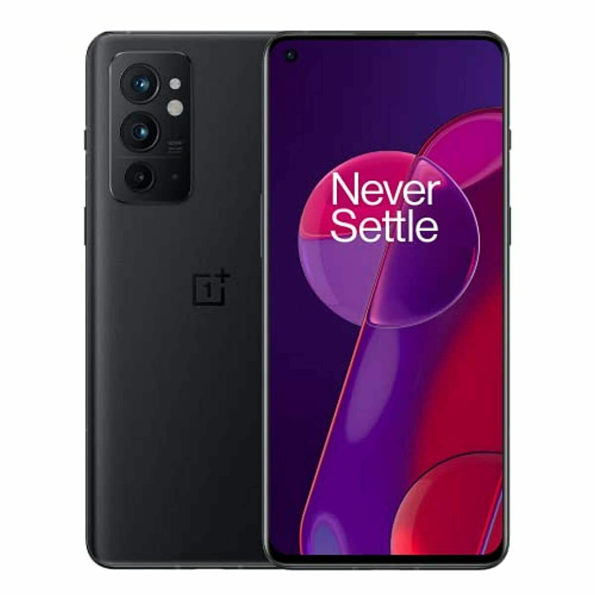 OnePlus 9RT 5G black smartphone showing back and front views with 'Never Settle' logo.