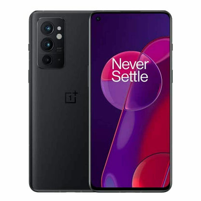 OnePlus 9RT 5G black smartphone showing back and front views with 'Never Settle' logo.